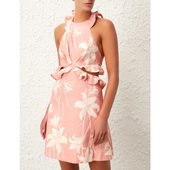 NWT Zimmermann Acadian Tie Back Mini Dress Pink/White Floral‎ Linen Halter